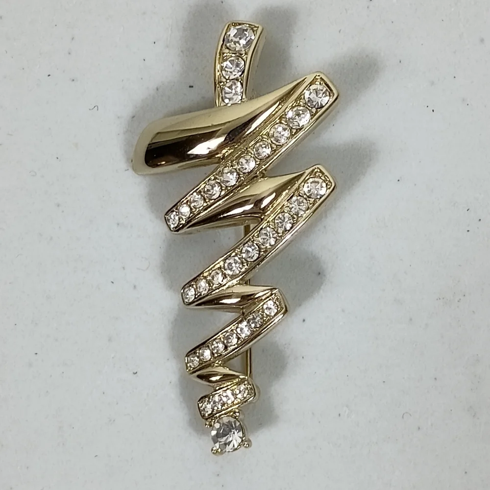 Monet Christmas Tree Brooch Pin Gold Tone Rhinestones Abstract Marked Vintage